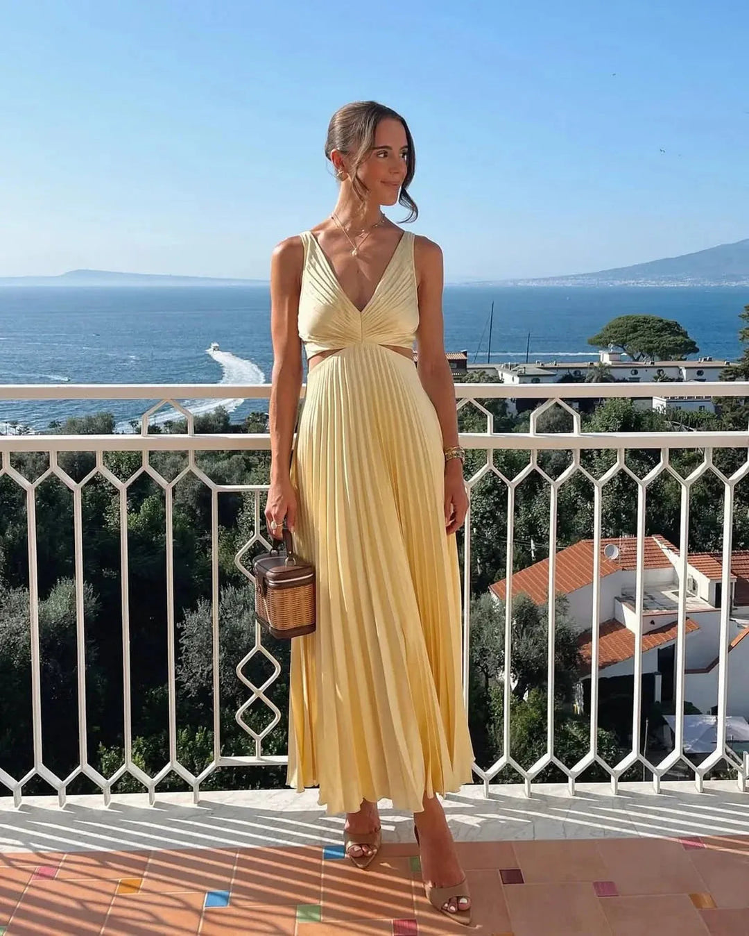 Vestido Maxi de Fiesta de Verano Plisado Amarillo