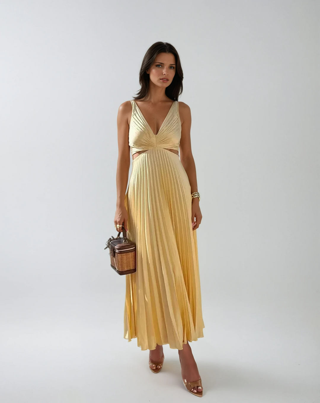 Vestido Maxi de Fiesta de Verano Plisado Amarillo