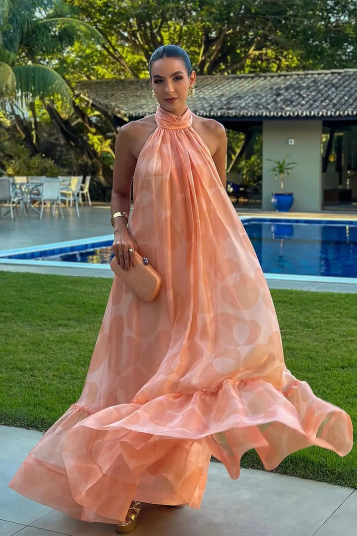 Vestido Maxi de Invitada de Boda con Cuello Halter Impreso