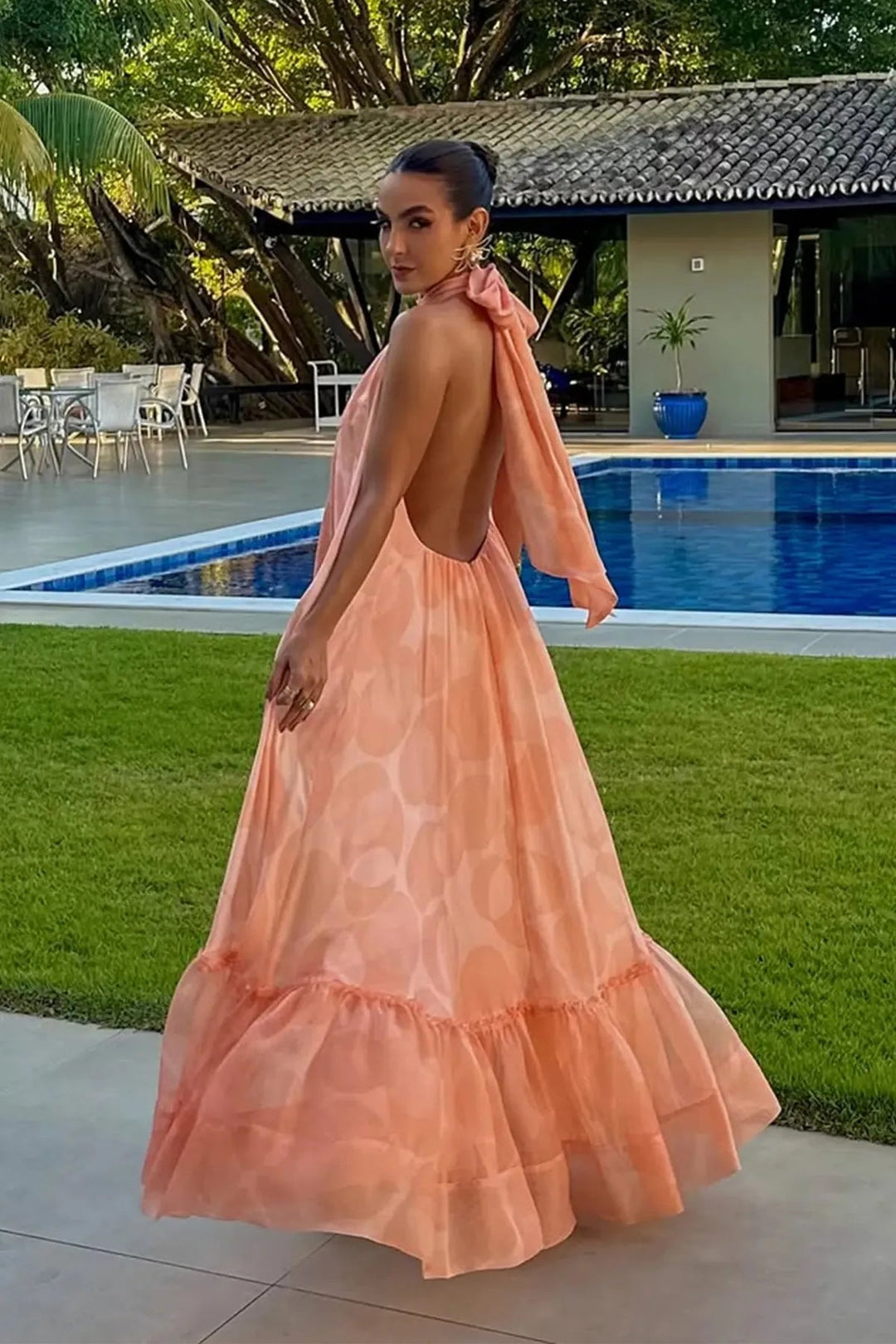Vestido Maxi de Invitada de Boda con Cuello Halter Impreso