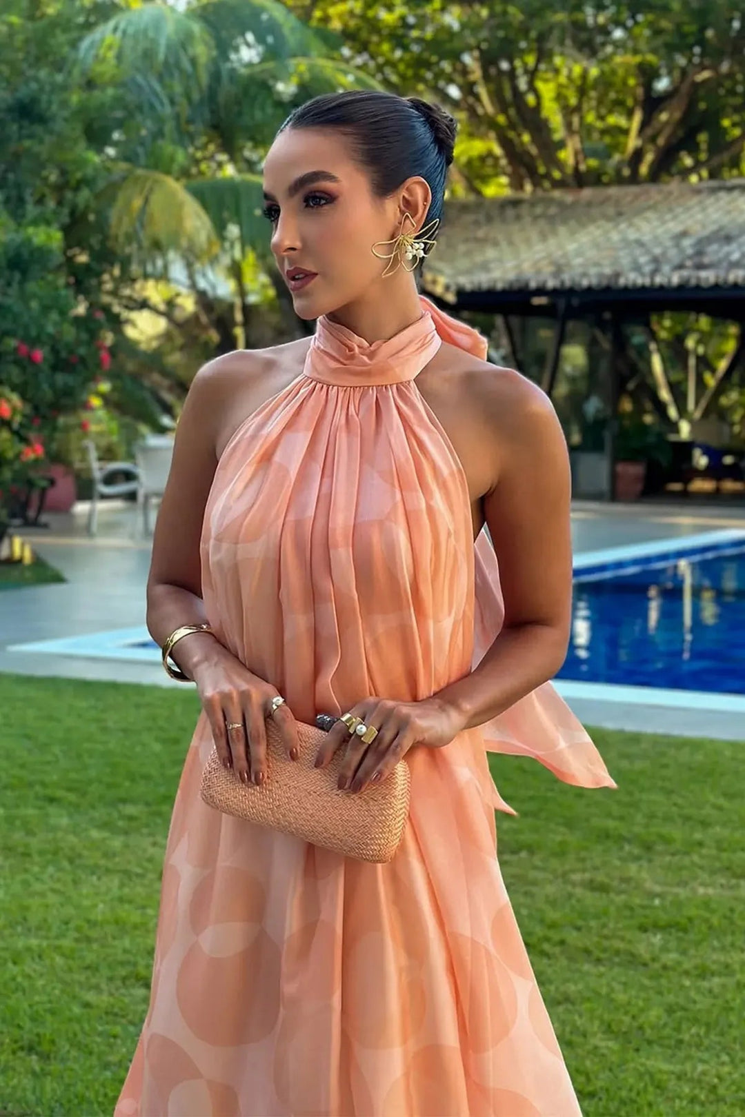 Vestido Maxi de Invitada de Boda con Cuello Halter Impreso