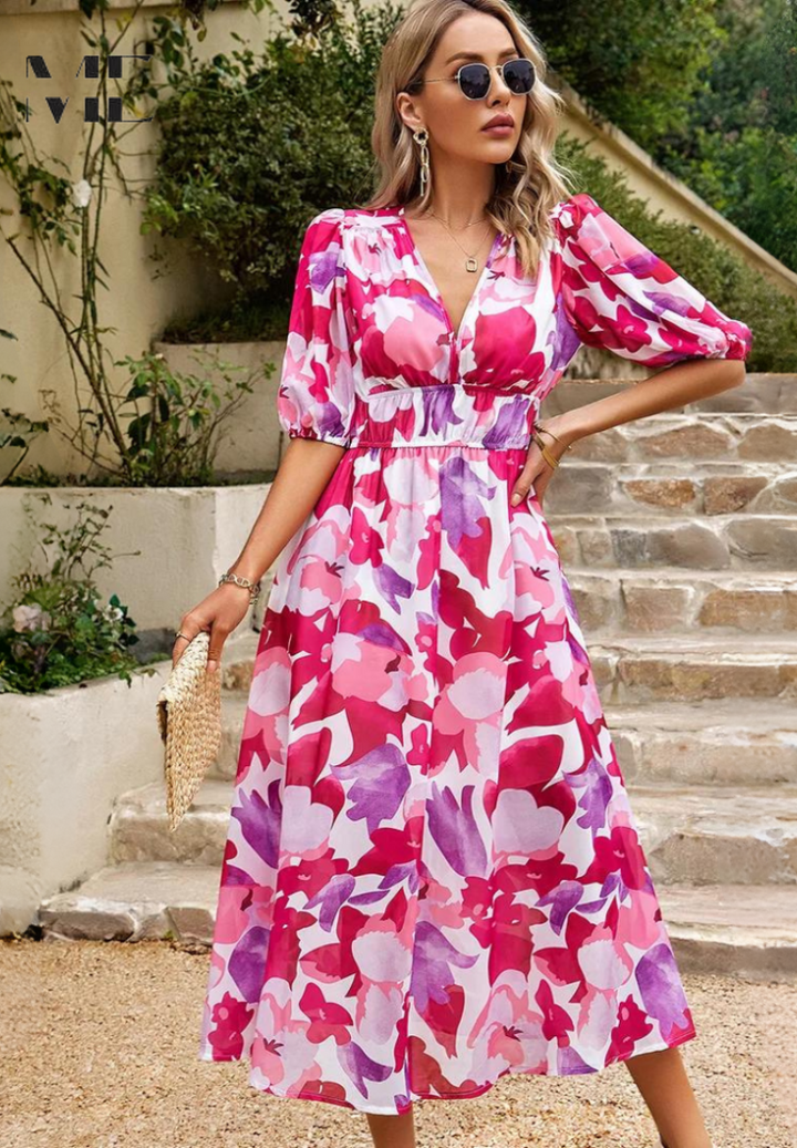 Elegante Vestido Midi Floral de Fiesta con Mangas Abullonadas