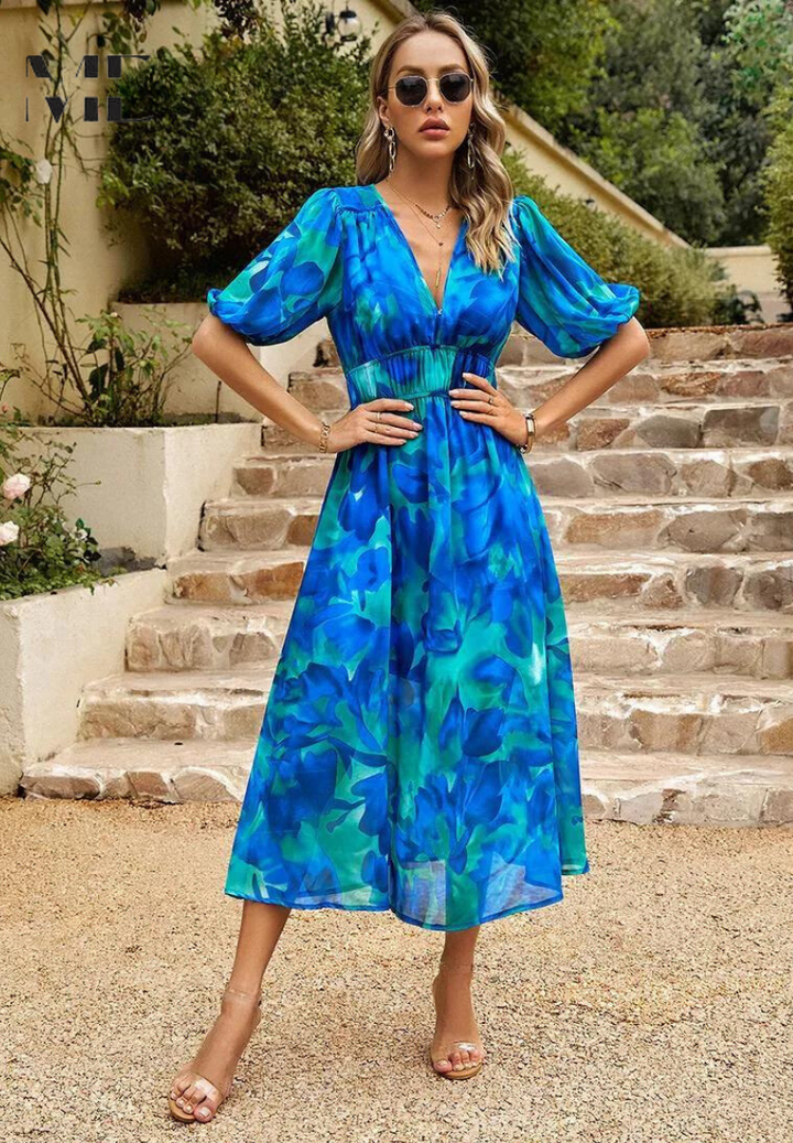 Elegante Vestido Midi Floral de Fiesta con Mangas Abullonadas