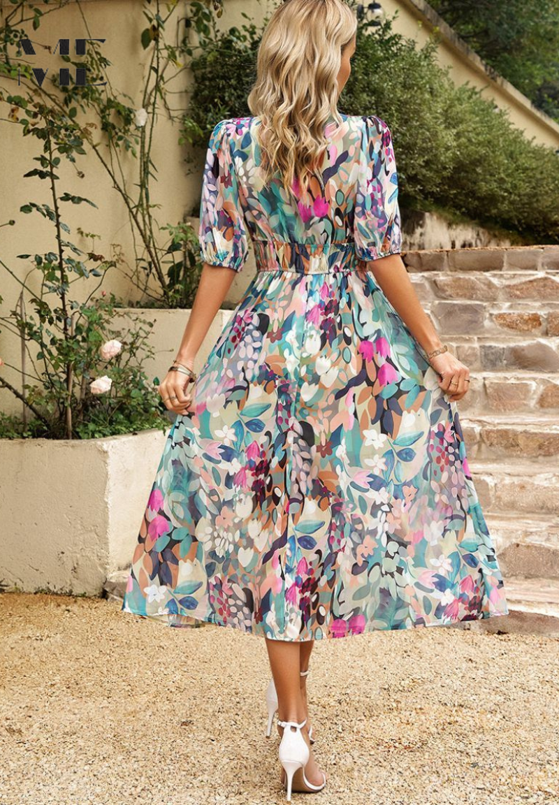 Elegante Vestido Midi Floral de Fiesta con Mangas Abullonadas