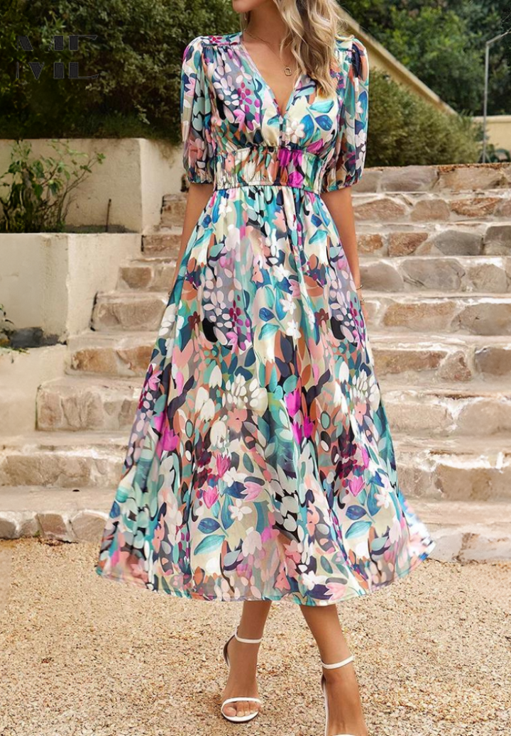 Elegante Vestido Midi Floral de Fiesta con Mangas Abullonadas