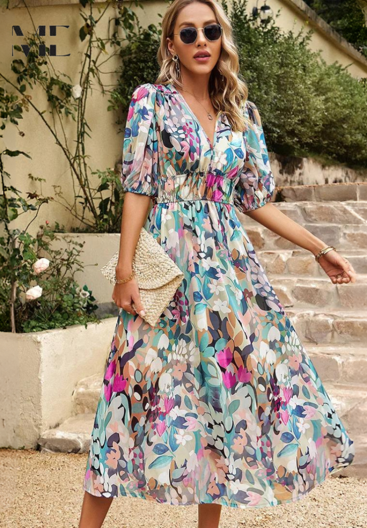 Elegante Vestido Midi Floral de Fiesta con Mangas Abullonadas