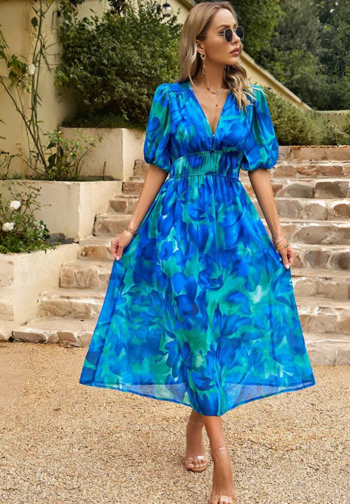 Elegante Vestido Midi Floral de Fiesta con Mangas Abullonadas