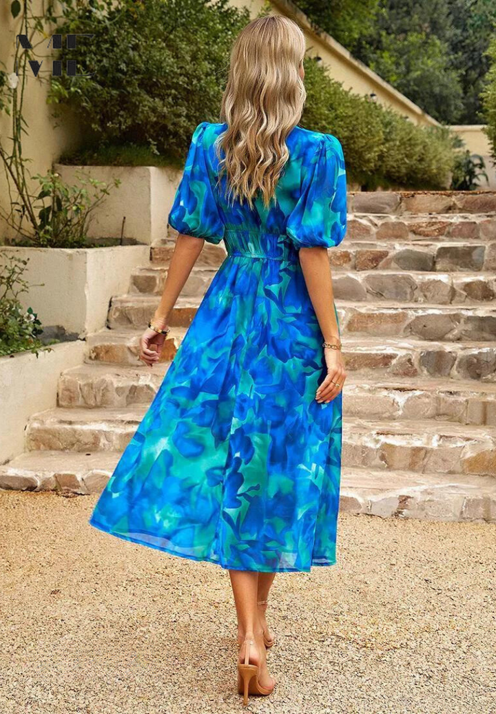 Elegante Vestido Midi Floral de Fiesta con Mangas Abullonadas
