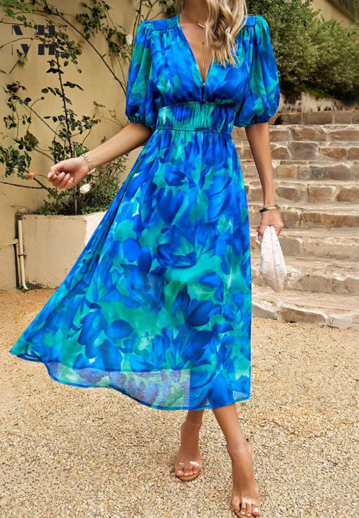 Elegante Vestido Midi Floral de Fiesta con Mangas Abullonadas