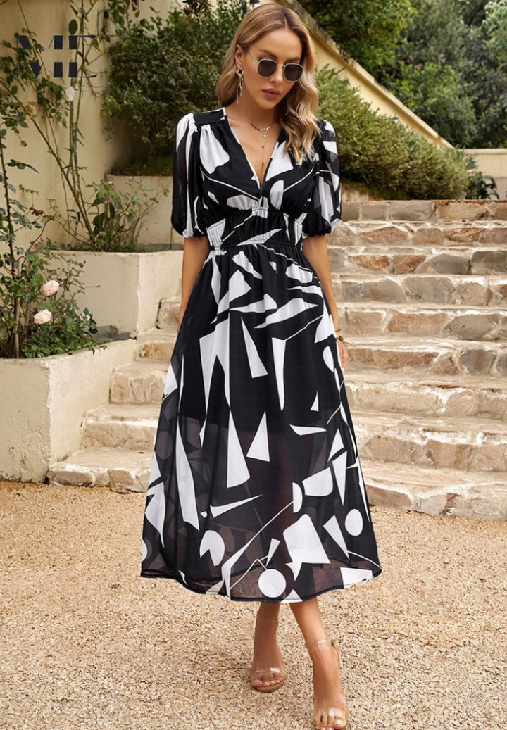 Elegante Vestido Midi Floral de Fiesta con Mangas Abullonadas