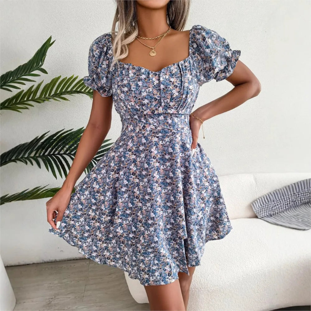 Vestido mini floral de manga corta para mujer con cintura con cordones y corte fluido