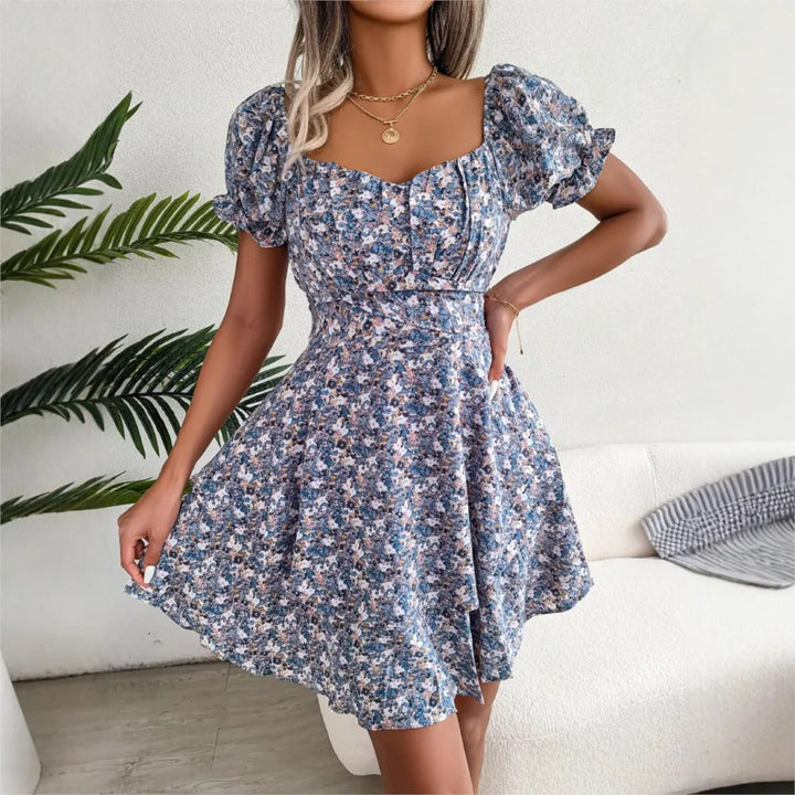 Vestido mini floral de manga corta para mujer con cintura con cordones y corte fluido