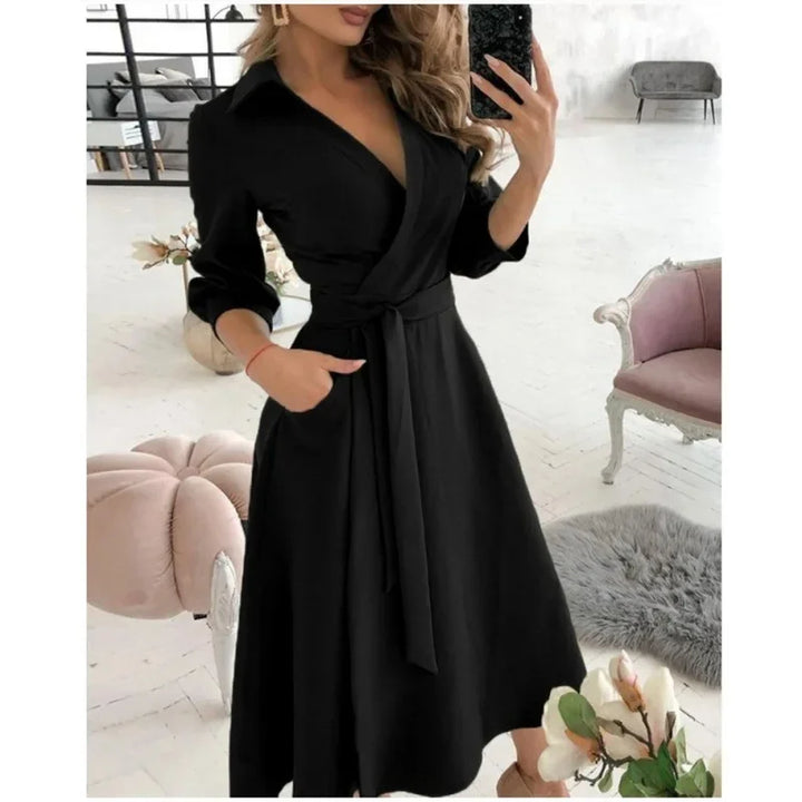 Savvie | Vestido Midi Envolvente de Manga Larga para Mujeres
