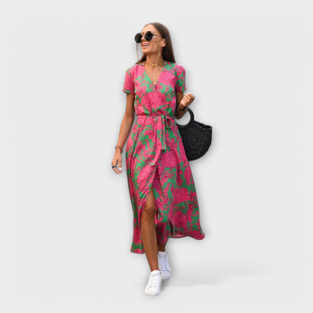 Mariz | Vestido midi plisado de manga corta para mujer
