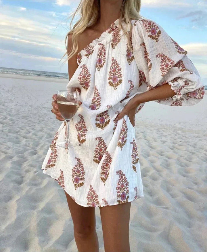 Vestido mini estampado de un solo hombro para mujer con diseño de mangas abullonadas