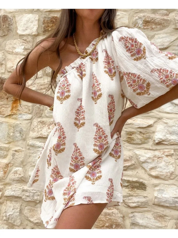 Vestido mini estampado de un solo hombro para mujer con diseño de mangas abullonadas