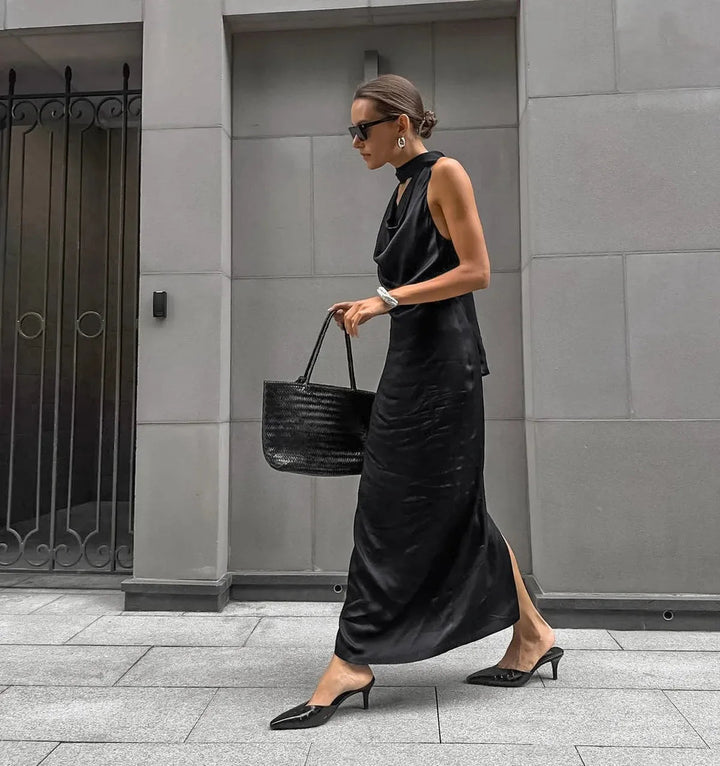 Vestido Maxi de Invitada de Boda de Satén Negro