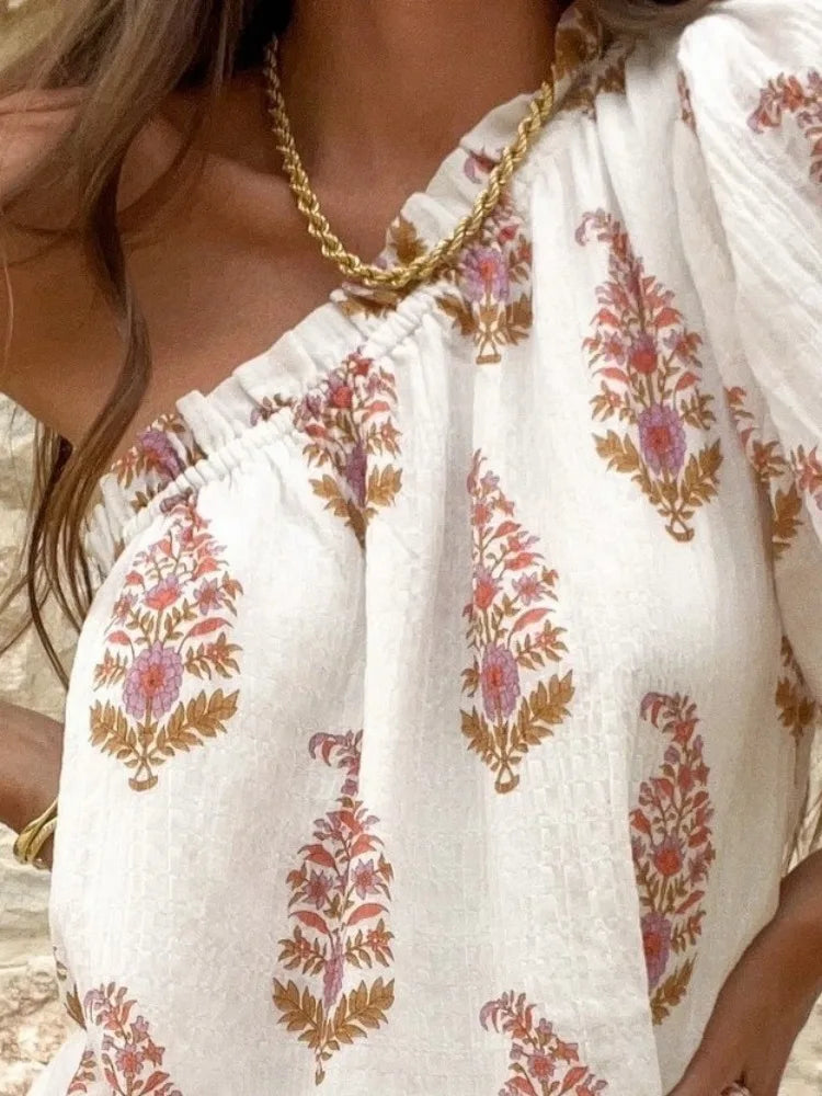 Vestido mini estampado de un solo hombro para mujer con diseño de mangas abullonadas