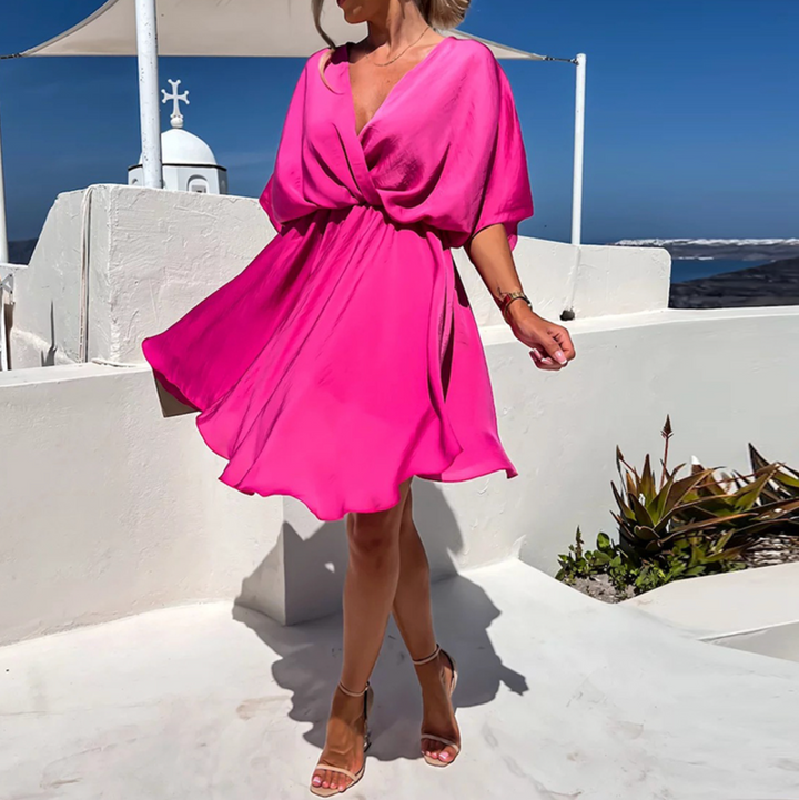 Vestido mini drapeado con escote en V y mangas cortas sueltas para mujer