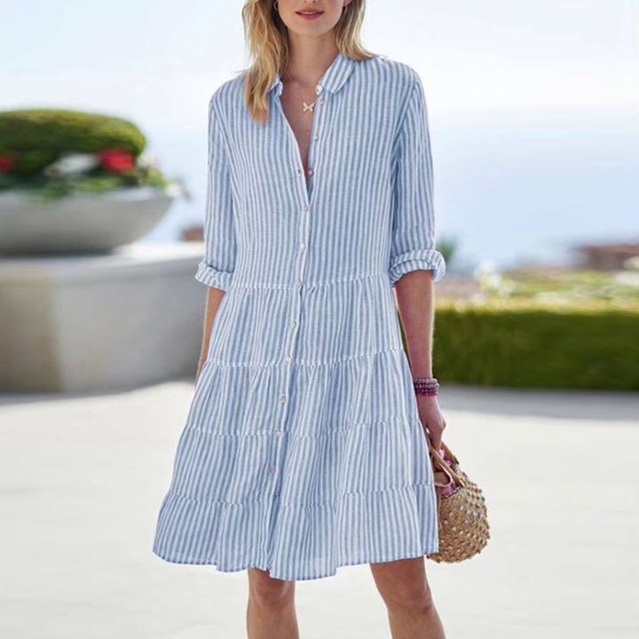 Vestido mini con camisa abotonada a rayas y mangas largas para mujer