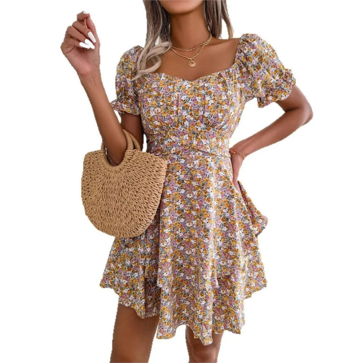 Vestido mini floral de manga corta para mujer con cintura con cordones y corte fluido