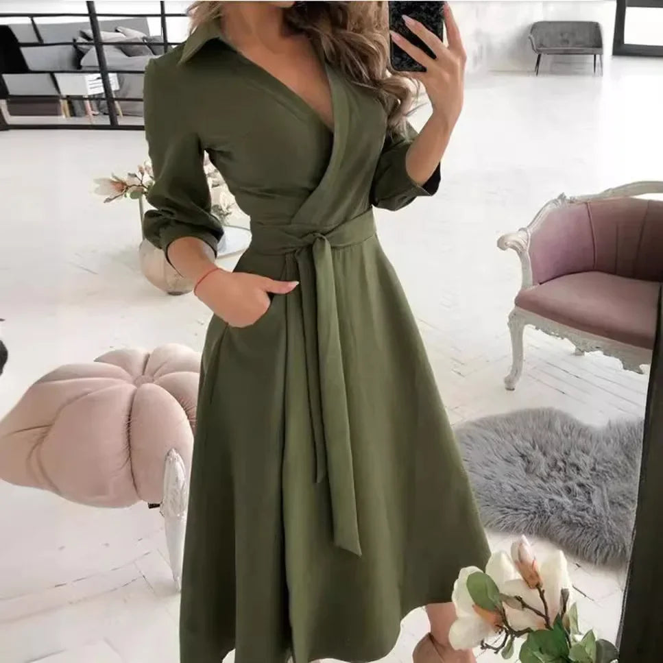 Savvie | Vestido Midi Envolvente de Manga Larga para Mujeres
