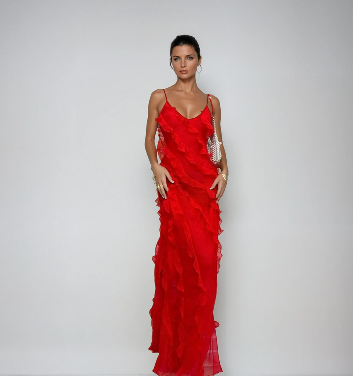 Vestido Maxi de Noche de Chifón con Volantes Romántico