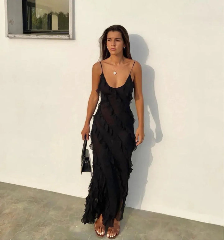 Vestido Maxi de Noche de Chifón con Volantes Romántico