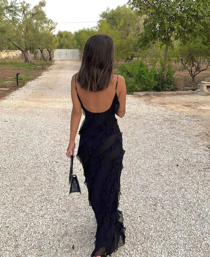 Vestido Maxi de Noche de Chifón con Volantes Romántico