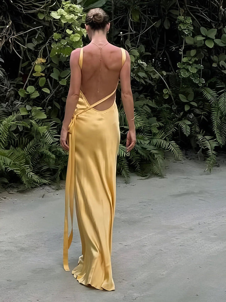 Vestido Maxi de Boda de Satén Amarillo Semi-Translúcido
