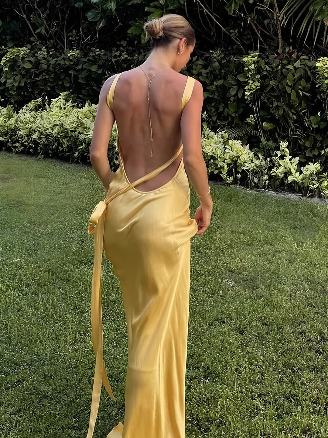 Vestido Maxi de Boda de Satén Amarillo Semi-Translúcido