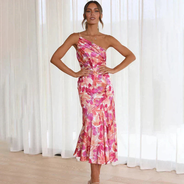 Nicolette | Vestido Midi Floral de Una Sola Manga para Mujeres