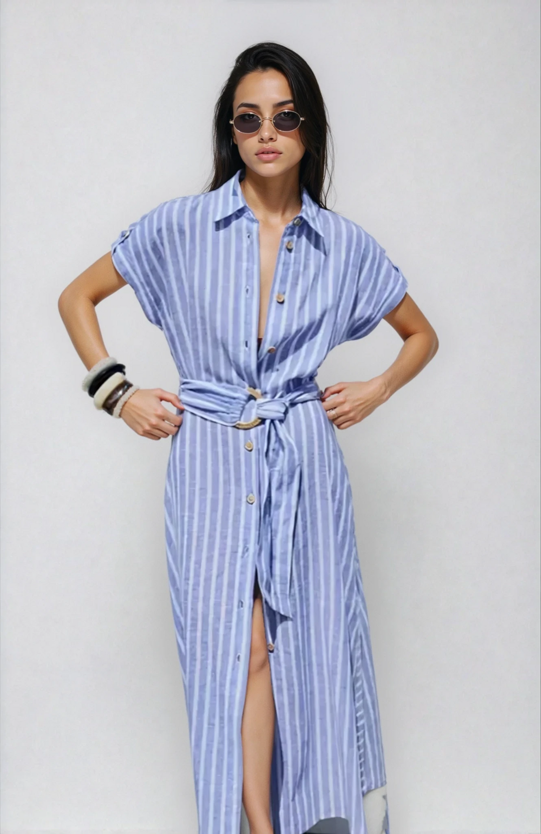 Vestido Maxi de Mezcla de Lino a Rayas con Cinturón