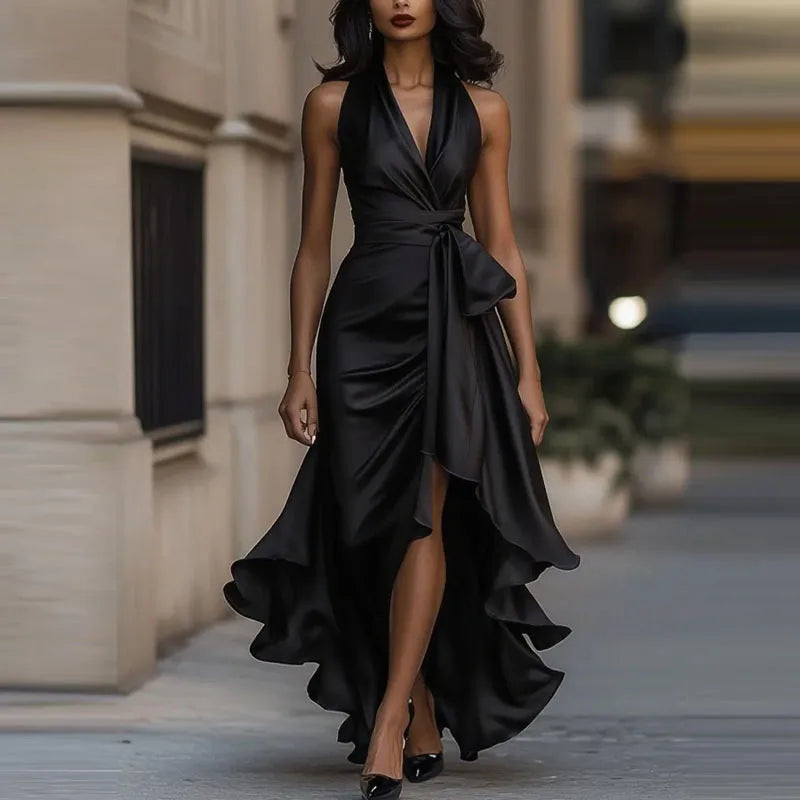 Vestido de Noche de Satén – Elegancia Formal con Escote en V y Hombros Descubiertos