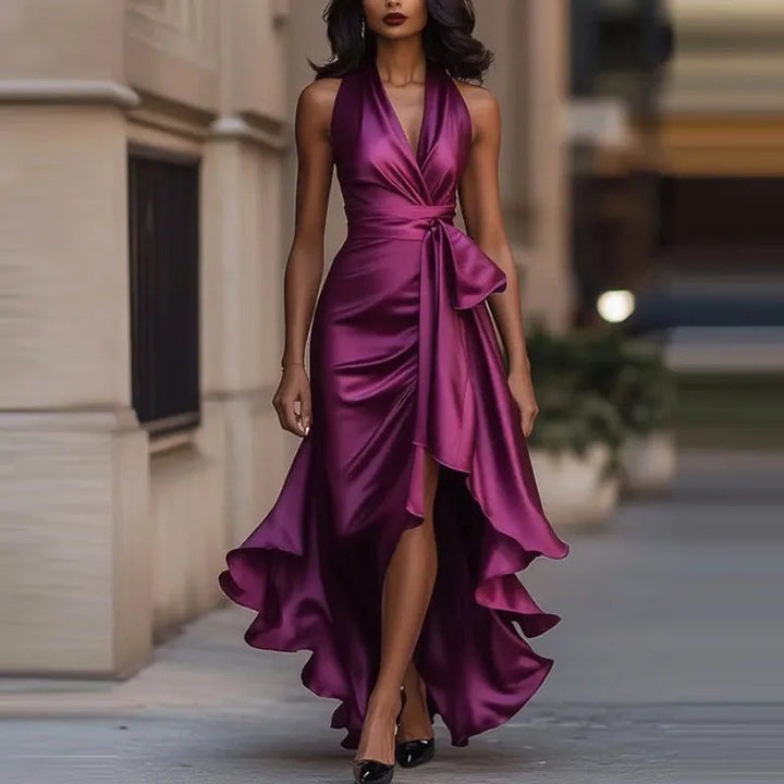 Vestido de Noche de Satén – Elegancia Formal con Escote en V y Hombros Descubiertos