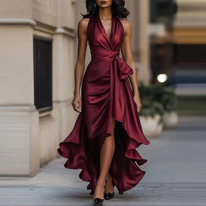 Vestido de Noche de Satén – Elegancia Formal con Escote en V y Hombros Descubiertos