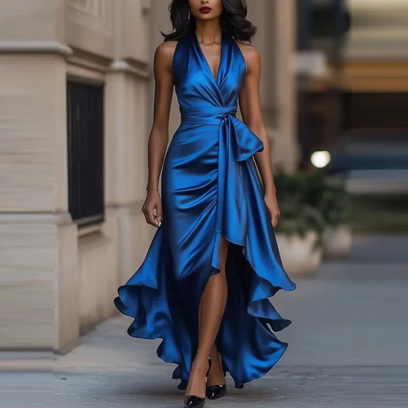 Vestido de Noche de Satén – Elegancia Formal con Escote en V y Hombros Descubiertos