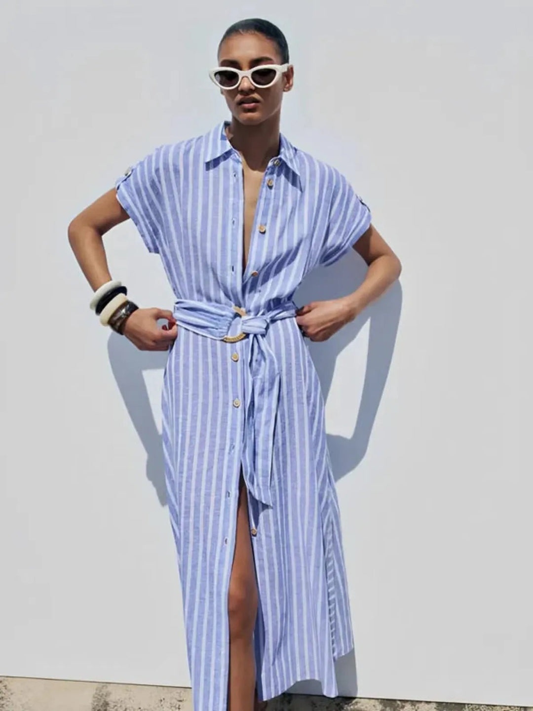 Vestido Maxi de Mezcla de Lino a Rayas con Cinturón
