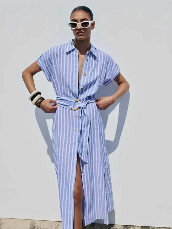 Vestido Maxi de Mezcla de Lino a Rayas con Cinturón