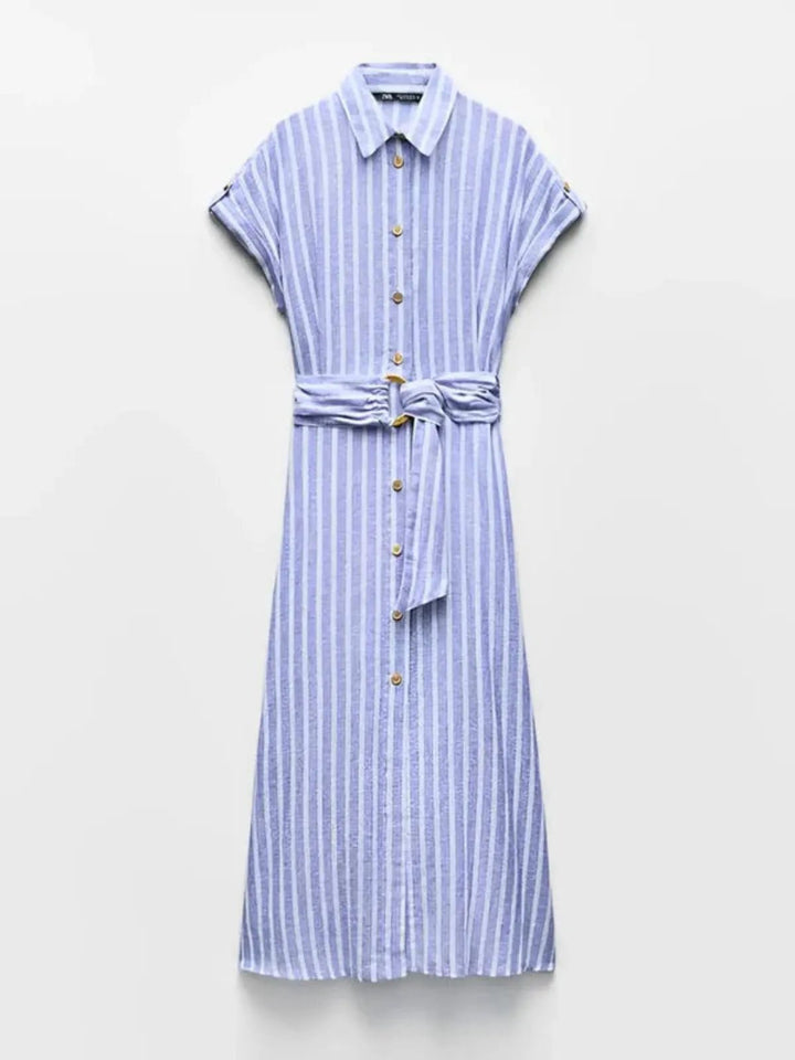 Vestido Maxi de Mezcla de Lino a Rayas con Cinturón