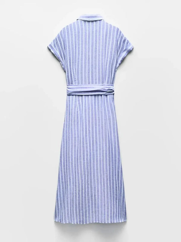 Vestido Maxi de Mezcla de Lino a Rayas con Cinturón