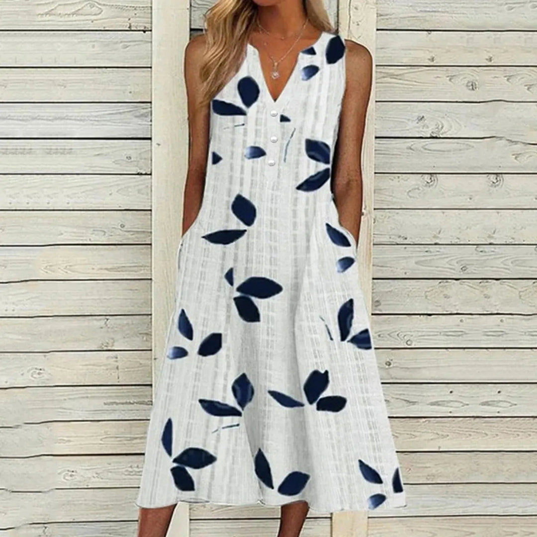 Vestido Maxi con Estampado de Hojas – Elegante Escote en V Sin Mangas para Verano