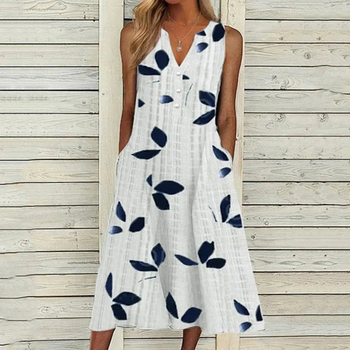 Vestido Maxi con Estampado de Hojas – Elegante Escote en V Sin Mangas para Verano
