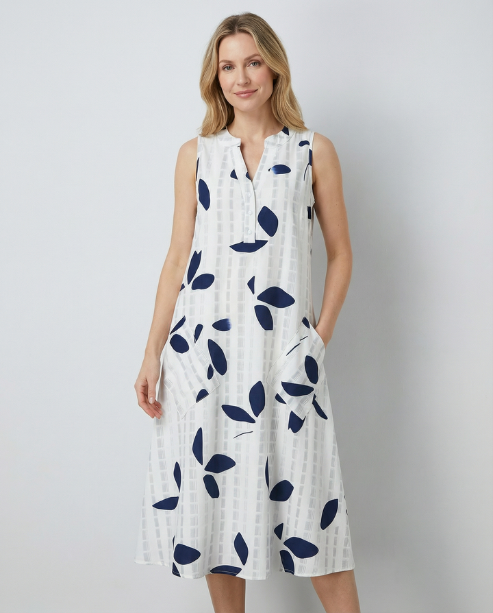Vestido Maxi con Estampado de Hojas – Elegante Escote en V Sin Mangas para Verano