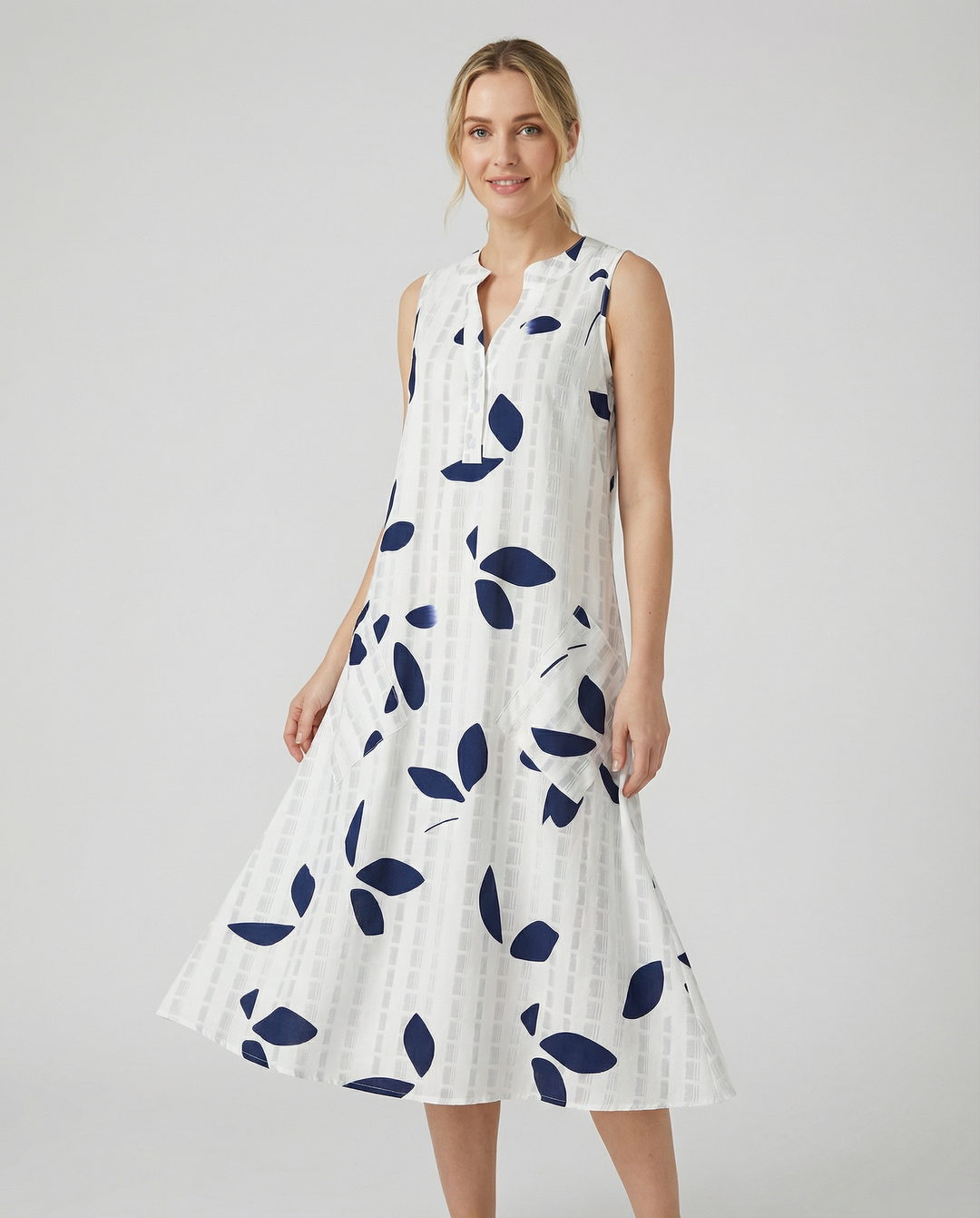 Vestido Maxi con Estampado de Hojas – Elegante Escote en V Sin Mangas para Verano