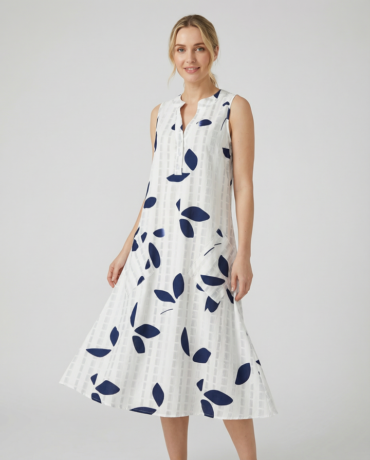 Vestido Maxi con Estampado de Hojas – Elegante Escote en V Sin Mangas para Verano