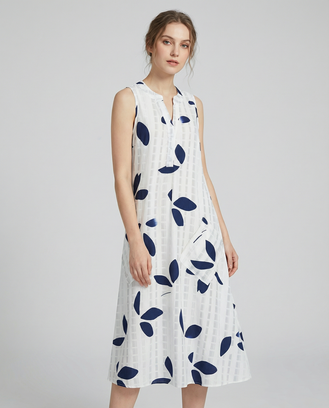 Vestido Maxi con Estampado de Hojas – Elegante Escote en V Sin Mangas para Verano