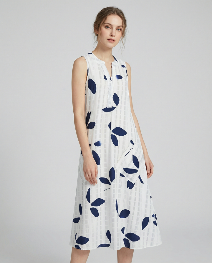 Vestido Maxi con Estampado de Hojas – Elegante Escote en V Sin Mangas para Verano
