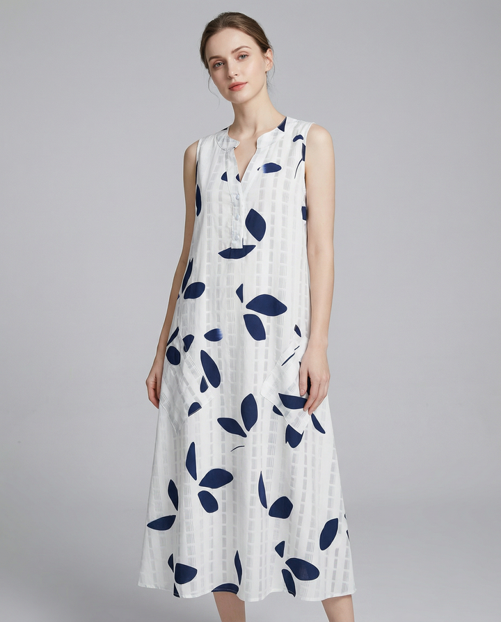 Vestido Maxi con Estampado de Hojas – Elegante Escote en V Sin Mangas para Verano