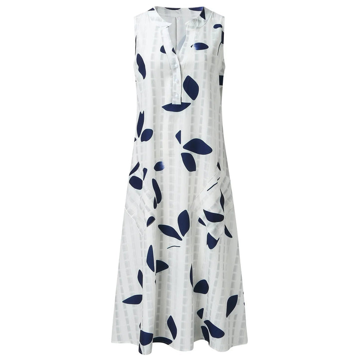 Vestido Maxi con Estampado de Hojas – Elegante Escote en V Sin Mangas para Verano